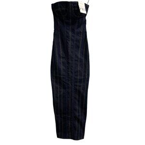 Zara Dress Women XS Dark Denim Bustier Bodycon Corset Topstitched Maxi Strapless